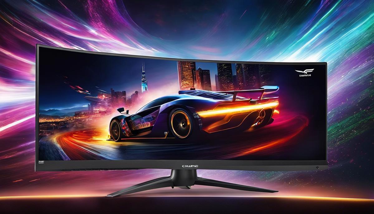 A curved gaming monitor displaying a high-intensity video game scene with vibrant colors and sharp images
